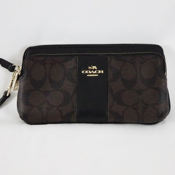 Coach Signature Double Zip Wristlet / Wallet PVC Leather F52848 Brown Black - Picture 1 of 11